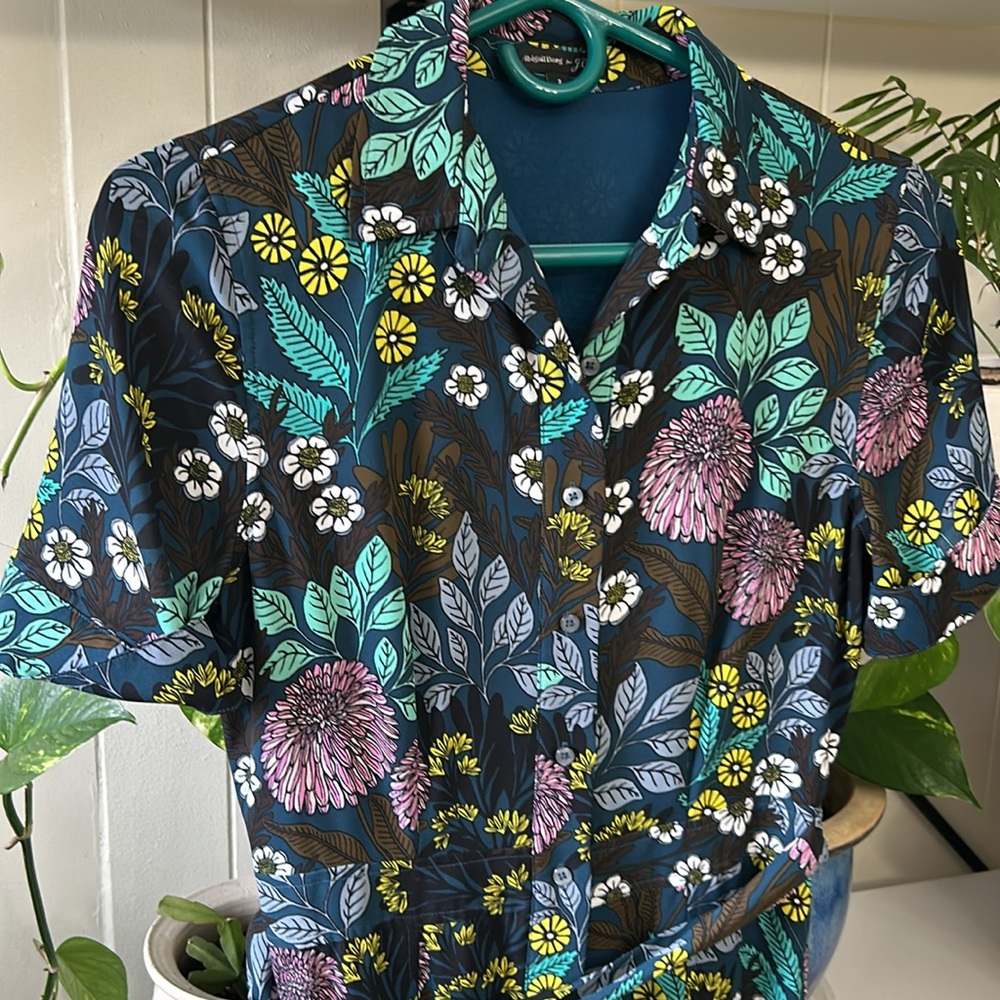 J. Crew X Abigail Borg Shirt Dress Tie Waist Buttons Size 2 Floral Blue Green - Picture 9 of 14
